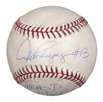 2010 Alex Rodriguez Game Used, Signed & Inscribed OML Selig Baseball From Career Home Run #595 Game on 7/1/10 (MEARS & PSA/DNA)